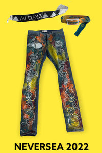 *Festival Worn* Dim Mak Swirl Painted Destruction Jeans #233 with Steve Aoki's Autographed NEVERSEA Wristbands